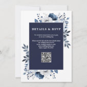 Marine Blauw Elegante Rustieke Bloemen QR Code Huw Kaart (Achterkant)