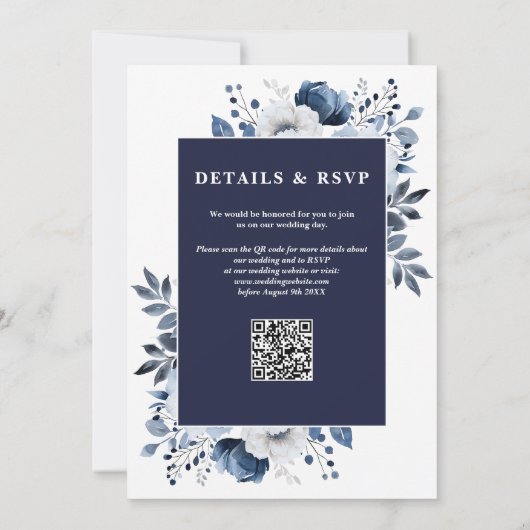 Marine Blauw Elegante Rustieke Bloemen QR Code Huw Kaart (Achterkant)