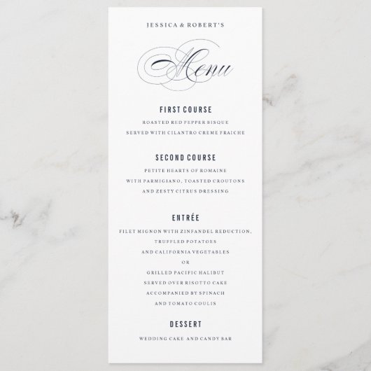 Marine Blauw Elegante Trouwen Formeel Diner Menu (Voorkant)