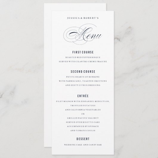 Marine Blauw Elegante Trouwen Formeel Diner Menu (Voorkant / Achterkant)