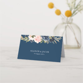 Marine Blauw en Blush Bloemen Gevouwen Trouwen Plaatskaartje
