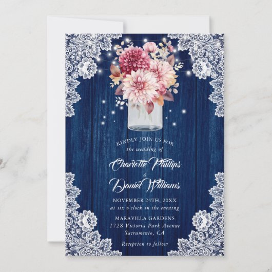 Marine Blauw en Blush Hout Mason Jar Bloemen Bruil Kaart (Voorkant)