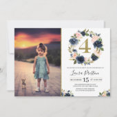 Marine Blauw en Blush Roze Bloemen 4e Verjaardag F Kaart (Voorkant)