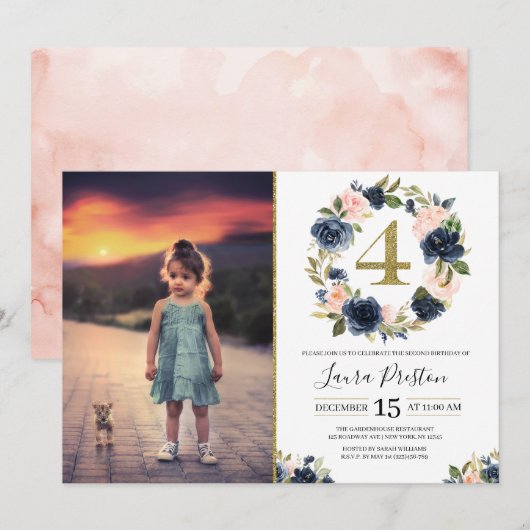 Marine Blauw en Blush Roze Bloemen 4e Verjaardag F Kaart (Voorkant / Achterkant)