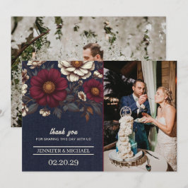 Marine Blauw en Bourgondië Bloemen Huwelijk Bedankkaart