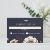 Marine Blauw en Bourgondië Bloemen Huwelijk RSVP Kaartje (Staand voorkant)