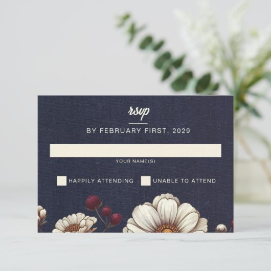 Marine Blauw en Bourgondië Bloemen Huwelijk RSVP Kaartje (Staand voorkant)