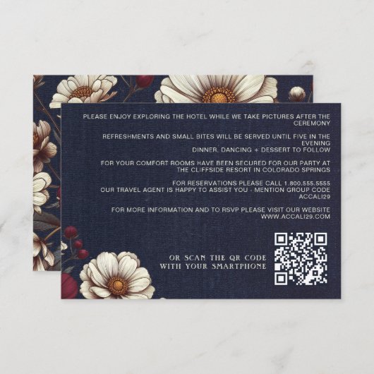 Marine Blauw en Bourgondië Bloemen Wedding QR Code Informatiekaartje (Voorkant / Achterkant)