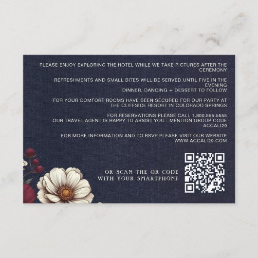 Marine Blauw en Bourgondië Bloemen Wedding QR Code Informatiekaartje (Voorkant)