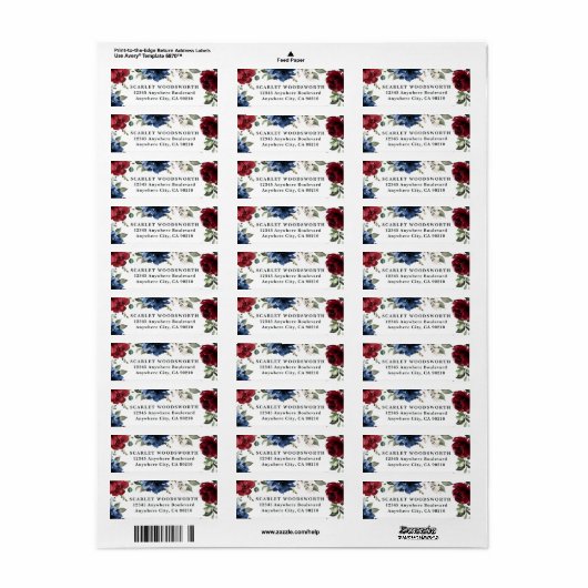 Marine Blauw en Bourgondië Blush Roze Bloemen Brui Etiket (Full Sheet)