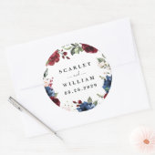 Marine Blauw en Bourgondië Blush Roze Bloemen Brui Ronde Sticker (Envelop)