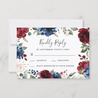 Marine Blauw en Bourgondië Blush Roze Bloemen Brui RSVP Kaartje
