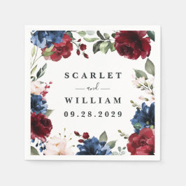 Marine Blauw en Bourgondië Blush Roze Bloemen Brui Servet