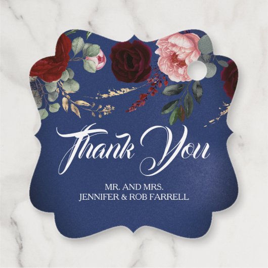 Marine Blauw en Bourgondië Rood Bloemen Moderne Br Bedankjes Labels (Achterkant)