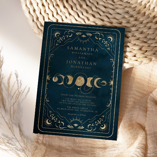 Marine Blauw en Faux Goud Elegant Hemelse Bruiloft Kaart