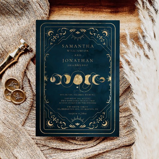 Marine Blauw en Faux Goud Elegant Hemelse Bruiloft Kaart