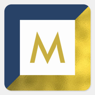 Marine Blauw en Faux Gouden Folie Monogram Vierkante Sticker