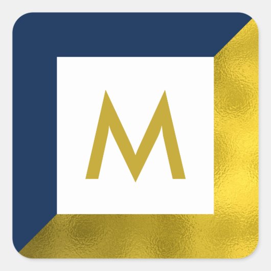 Marine Blauw en Faux Gouden Folie Monogram Vierkante Sticker (Voorkant)