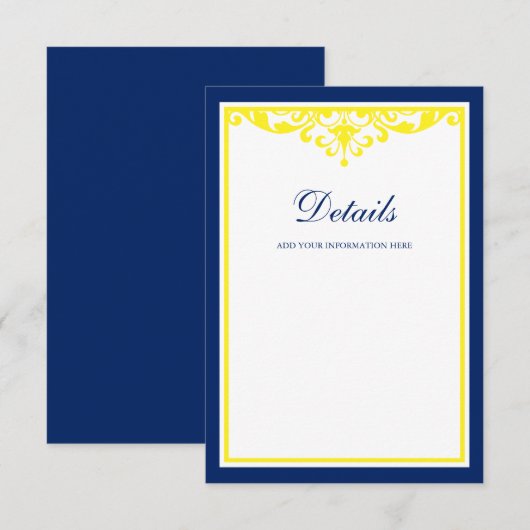 Marine Blauw en Geel Bloeien Trouwdetails Informatiekaartje (Voorkant / Achterkant)