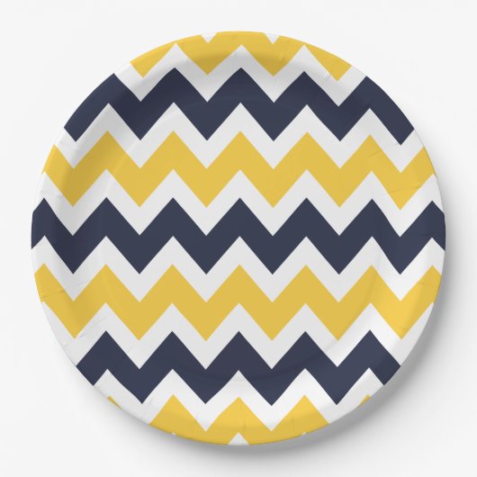 Marine Blauw en Geel Chevron Papieren Bordje (Voorkant)