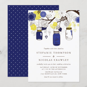 Marine Blauw en Geel Hanging Mason Jars Wedding Kaart