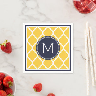Marine Blauw en Geel Quatrefoil Huwelijksmonogram Servetten