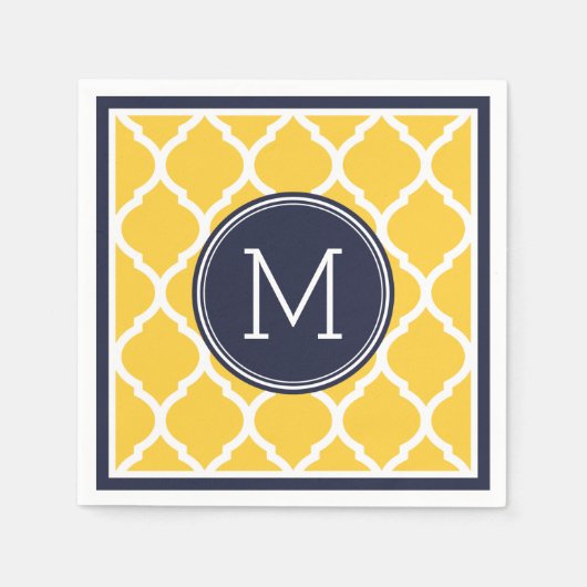 Marine Blauw en Geel Quatrefoil Huwelijksmonogram Servetten (Voorkant)