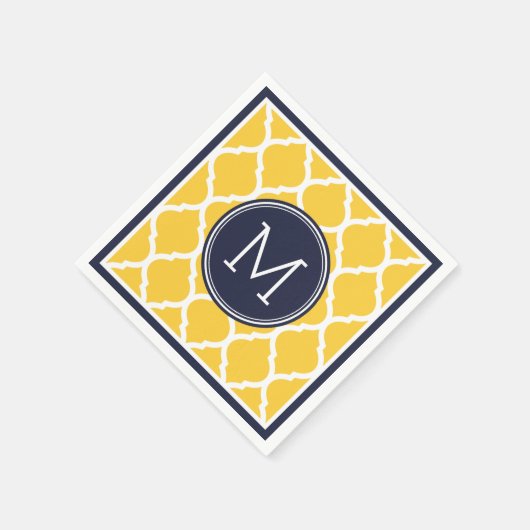 Marine Blauw en Geel Quatrefoil Huwelijksmonogram Servetten (Hoek)