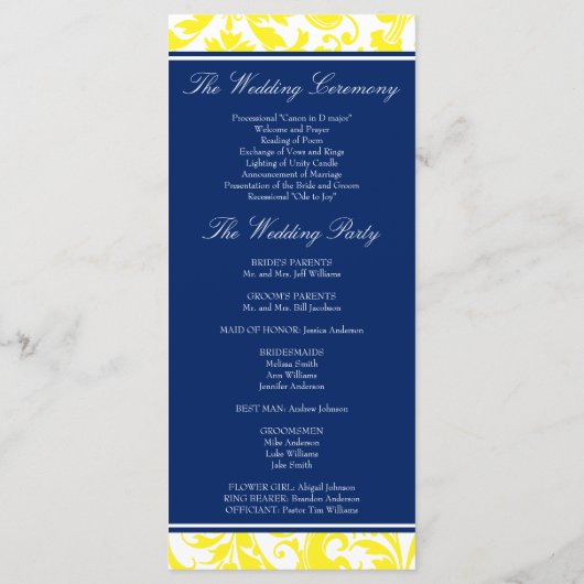 Marine Blauw en Geel Wervelingen Damask Wedding Pr Programmakaart (Achterkant)
