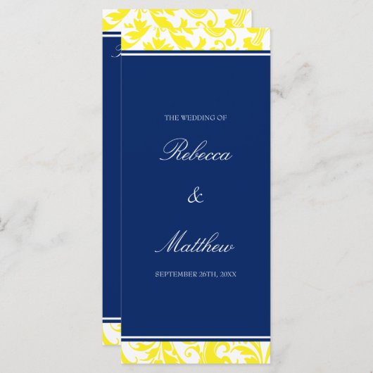 Marine Blauw en Geel Wervelingen Damask Wedding Pr Programmakaart (Voorkant / Achterkant)