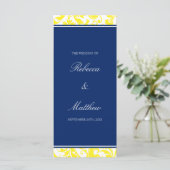 Marine Blauw en Geel Wervelingen Damask Wedding Pr Programmakaart (Staand voorkant)