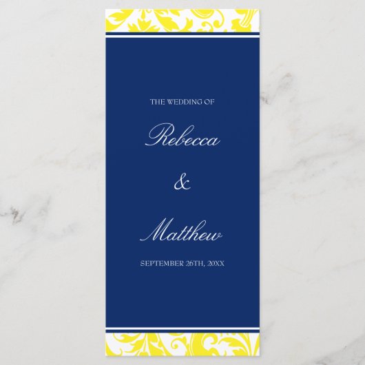 Marine Blauw en Geel Wervelingen Damask Wedding Pr Programmakaart (Voorkant)
