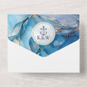 Marine blauw en goud agaat anker nautische bruilof all in one uitnodiging (Achterkant)