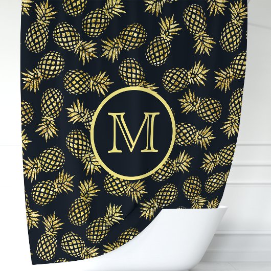 Marine Blauw en Goud Ananas Monogram Douchegordijn