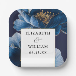 Marine Blauw en Goud Bloemen Elegante Moderne Huwe Papieren Bordje