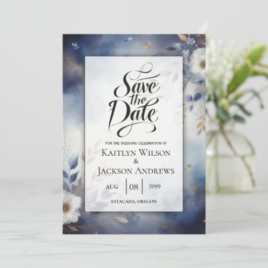 Marine Blauw en Goud Bloemen Huwelijk Save the Dat Save The Date (Staand voorkant)