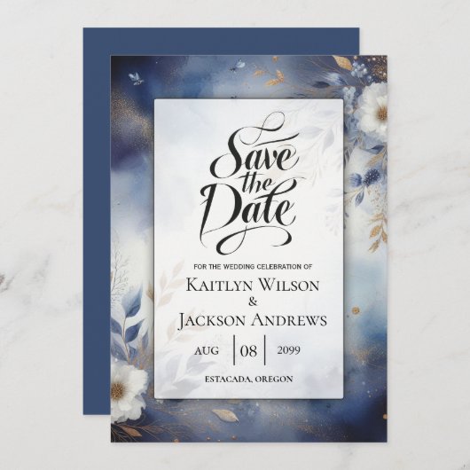 Marine Blauw en Goud Bloemen Huwelijk Save the Dat Save The Date (Voorkant / Achterkant)