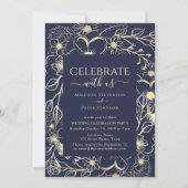 Marine Blauw en Goud Bloemen Huwelijksreceptie Kaart (Voorkant)