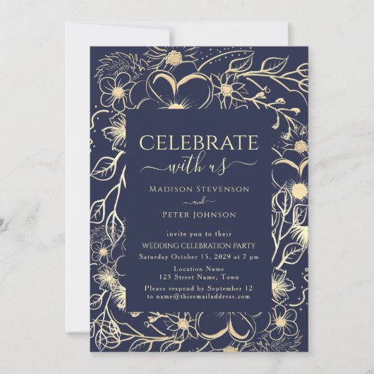 Marine Blauw en Goud Bloemen Huwelijksreceptie Kaart (Voorkant)