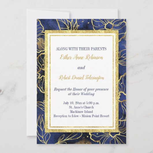 Marine Blauw en Goud Bloemen Huwelijksuitnodiging Kaart (Voorkant)