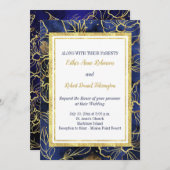 Marine Blauw en Goud Bloemen Huwelijksuitnodiging Kaart (Voorkant / Achterkant)