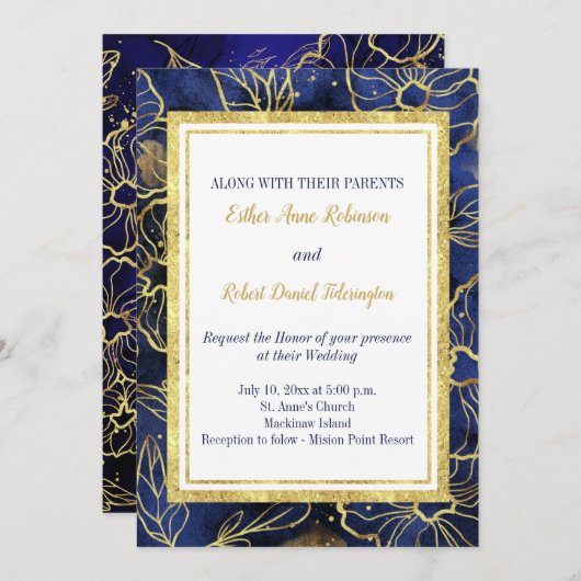 Marine Blauw en Goud Bloemen Huwelijksuitnodiging Kaart (Voorkant / Achterkant)