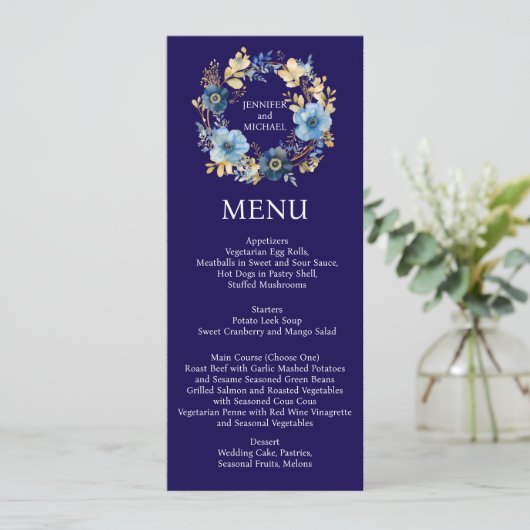 Marine Blauw en Goud Bloemen Menu Trouwmenu (Staand voorkant)