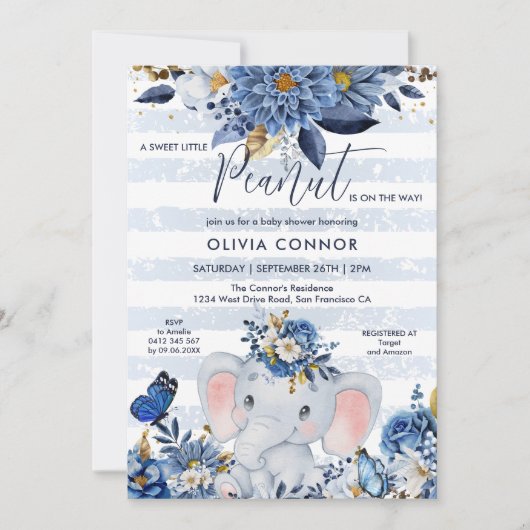 Marine Blauw en Goud Bloemen Olifant Baby Jongen D Kaart (Voorkant)