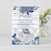Marine Blauw en Goud Bloemen Olifant Baby Jongen D Kaart (Staand voorkant)