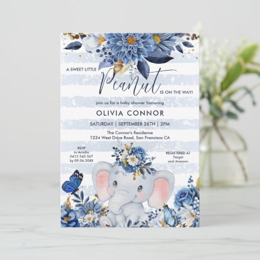 Marine Blauw en Goud Bloemen Olifant Baby Jongen D Kaart (Staand voorkant)