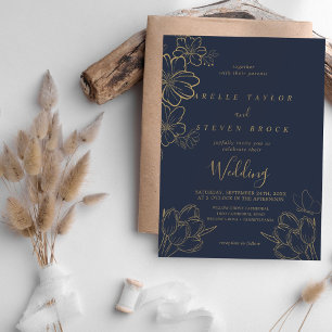 Marine Blauw en Goud Bloemen Vlinder Huwelijk Kaart
