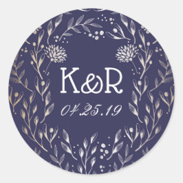 Marine Blauw en Goud Bloementuin Bruiloft Ronde Sticker