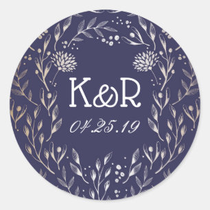 Marine Blauw en Goud Bloementuin Bruiloft Ronde Sticker