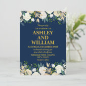 Marine Blauw en Goud Boho Bohemian Greenery Weddin Kaart (Staand voorkant)